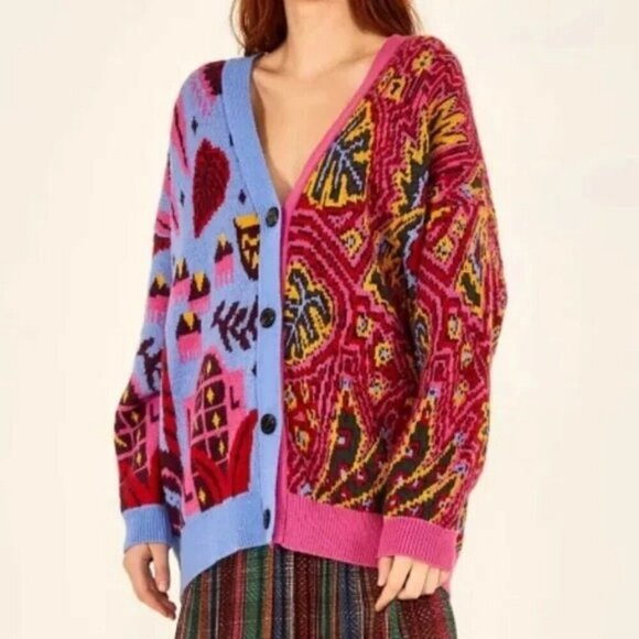 💕FARM RIO💕 Mixed Prints Cardigan  ~ Blue Tropical Magic + Tropical Stripes NWT - Picture 6 of 16